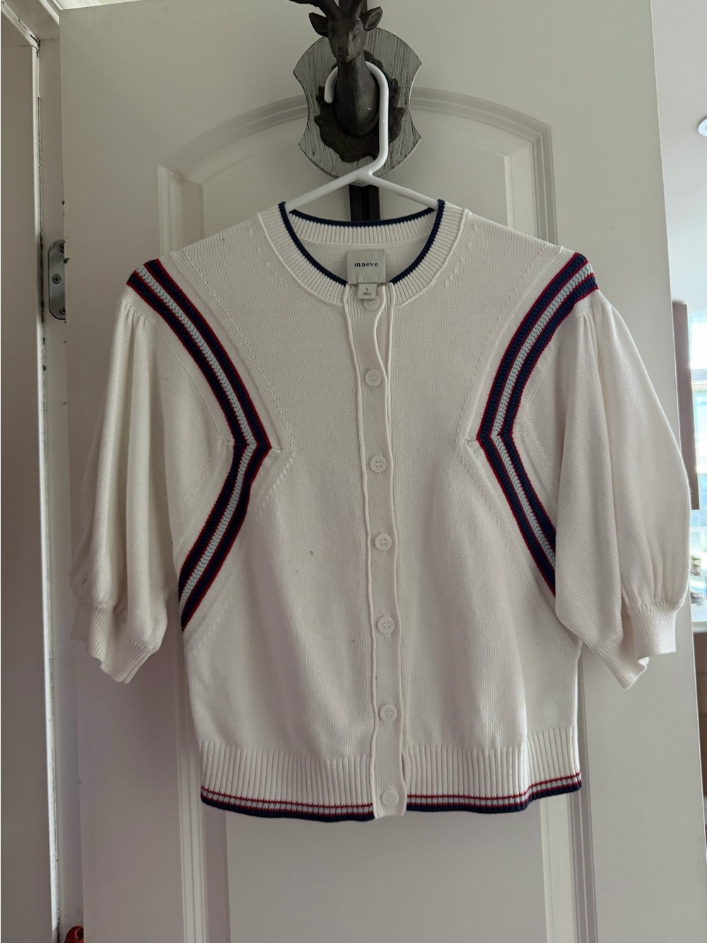 Maeve White Button-Front Short-Sleeve Cardigan with Navy & Red Trim